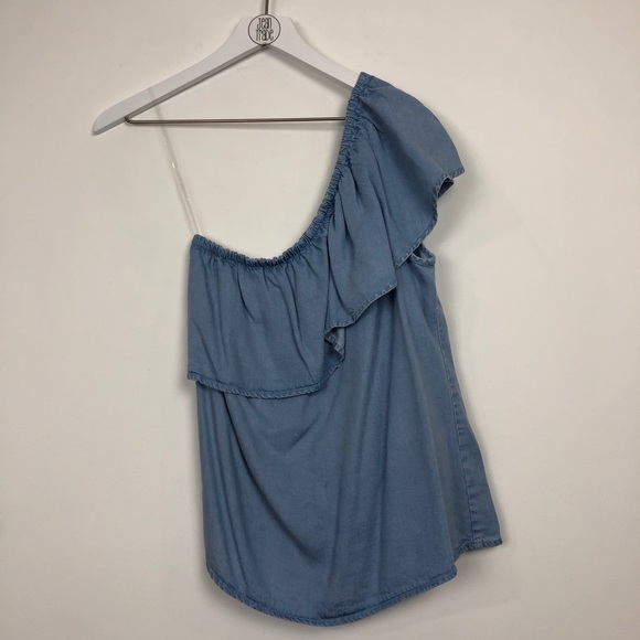 7 For All Mankind One Shoulder Ruffle Chambray Top - Picture 2 of 7